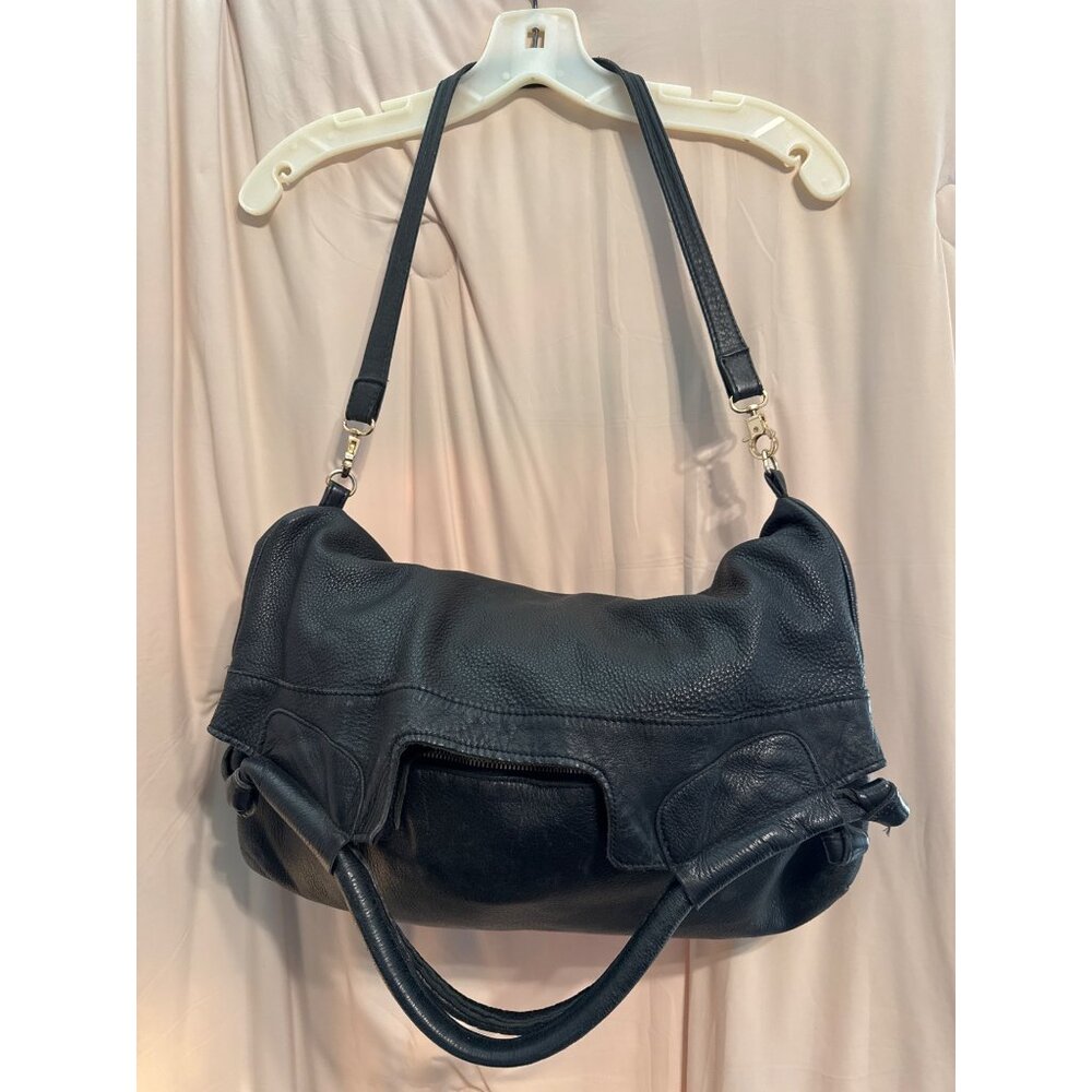 VTG Anna Corinna Black Leather Mid City Large Fold Over Tote Satchel